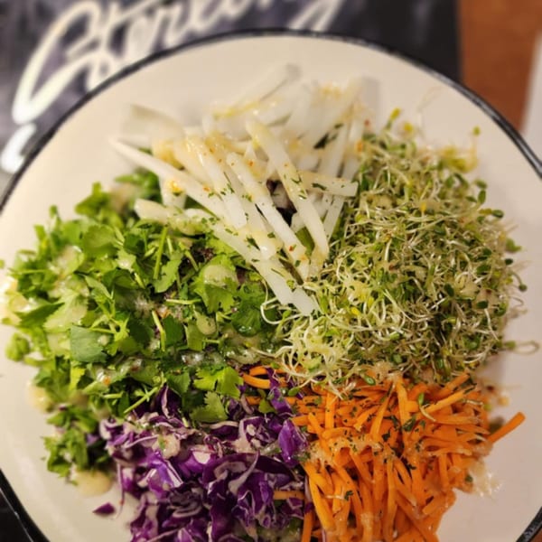 A vibrant salad with cilantro, purple cabbage, shredded carrots, daikon radish, and alfalfa sprouts.