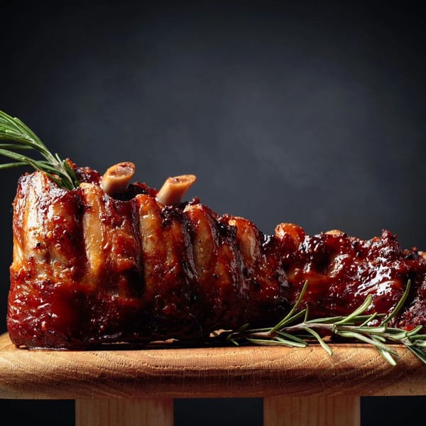 Rack of glistening, saucy BBQ ribs with rosemary sprigs on a wooden board at Sterling's Restaurant.