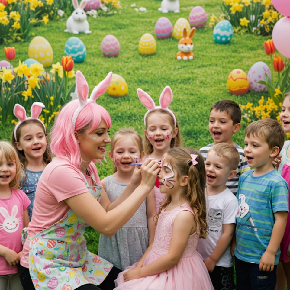 A woman with pink hair and bunny ears paints a child's face at an Easter event.