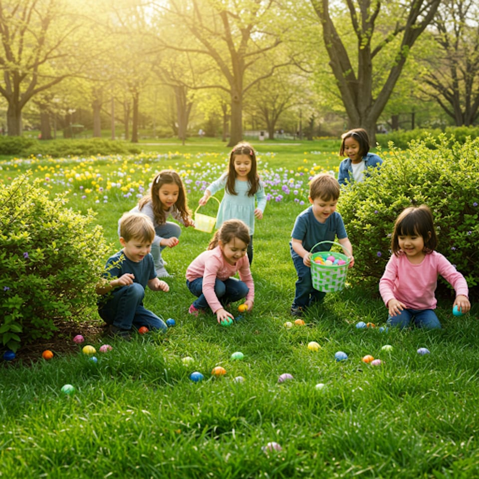 Children on a sunny lawn, collecting colorful Easter eggs from the grass and bushes.