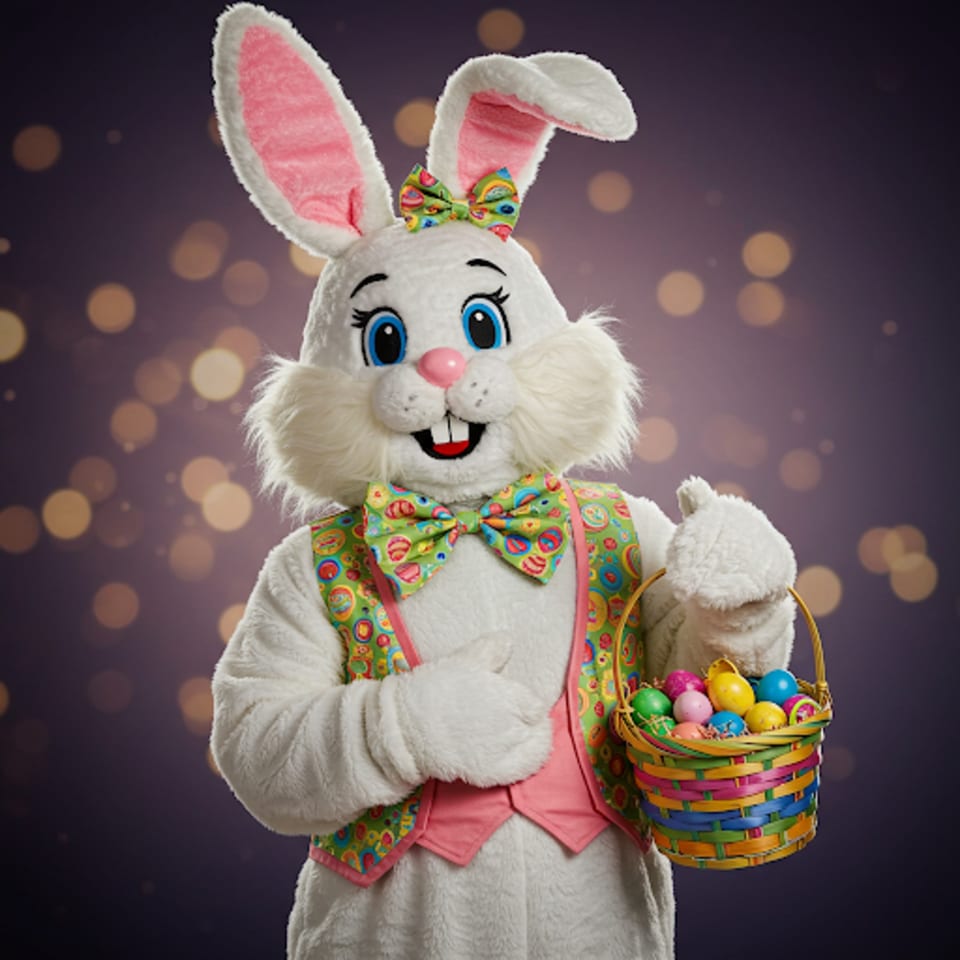 A white Easter Bunny mascot in a colorful vest and bow tie holds a basket of eggs.