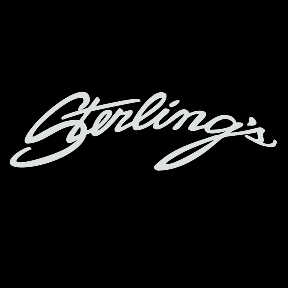 Sterling's Restaurant logo, featuring the name "Sterling's" in elegant white script on a black background.